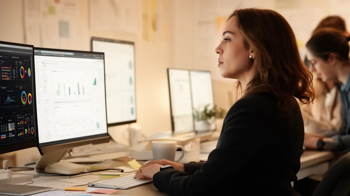 A woman analyzing data on multiple computer screens in an office.