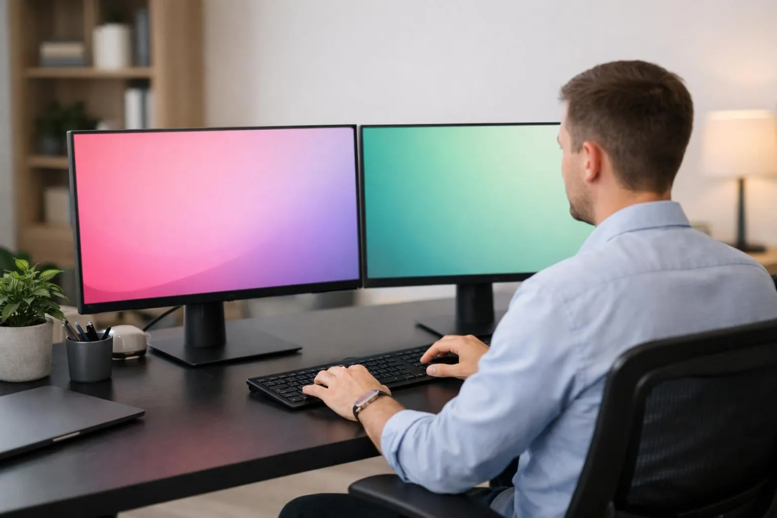 A person working at a desk with dual computer monitors.