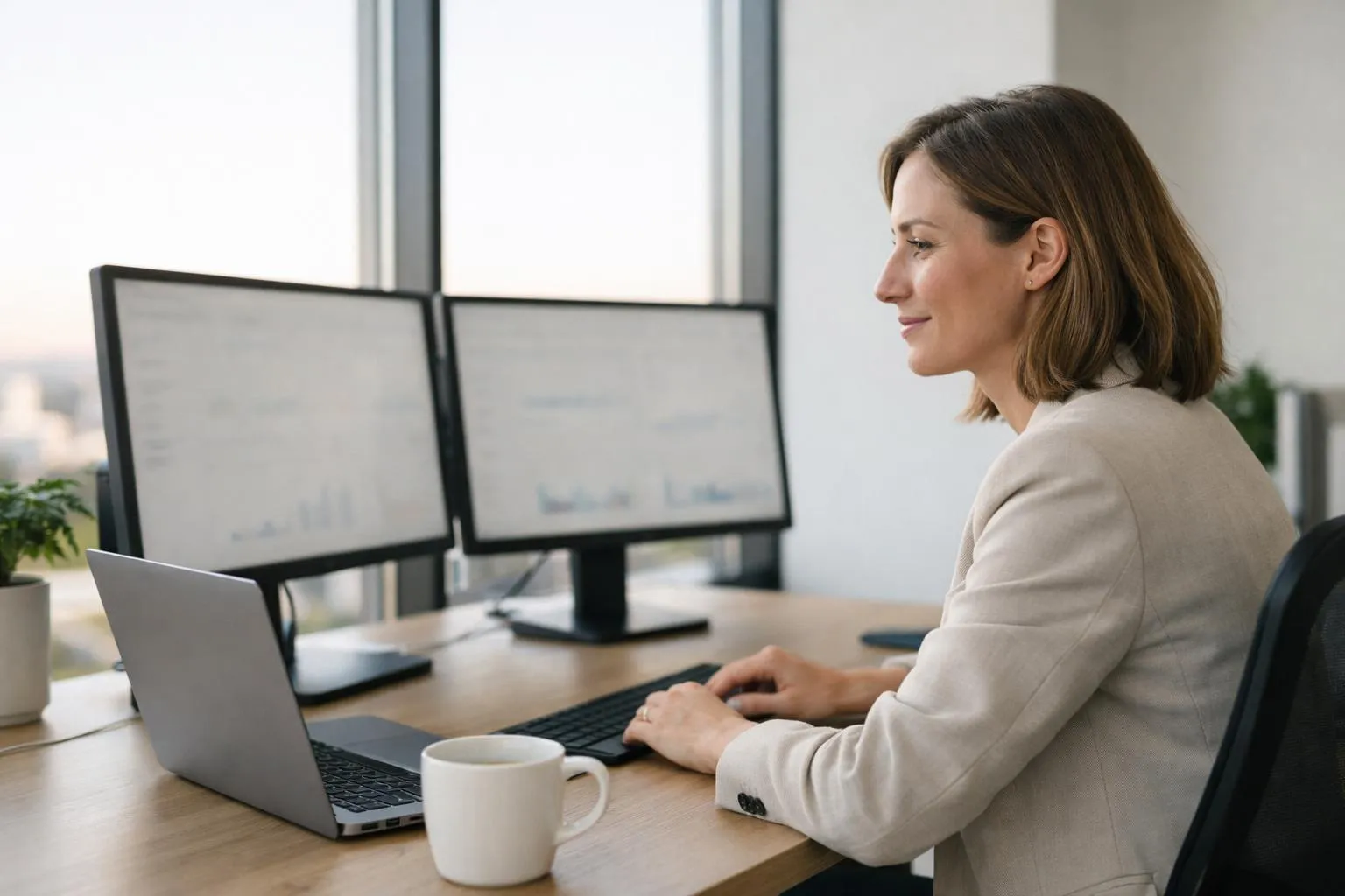 Businesswoman working at computer with multiple monitors in office.