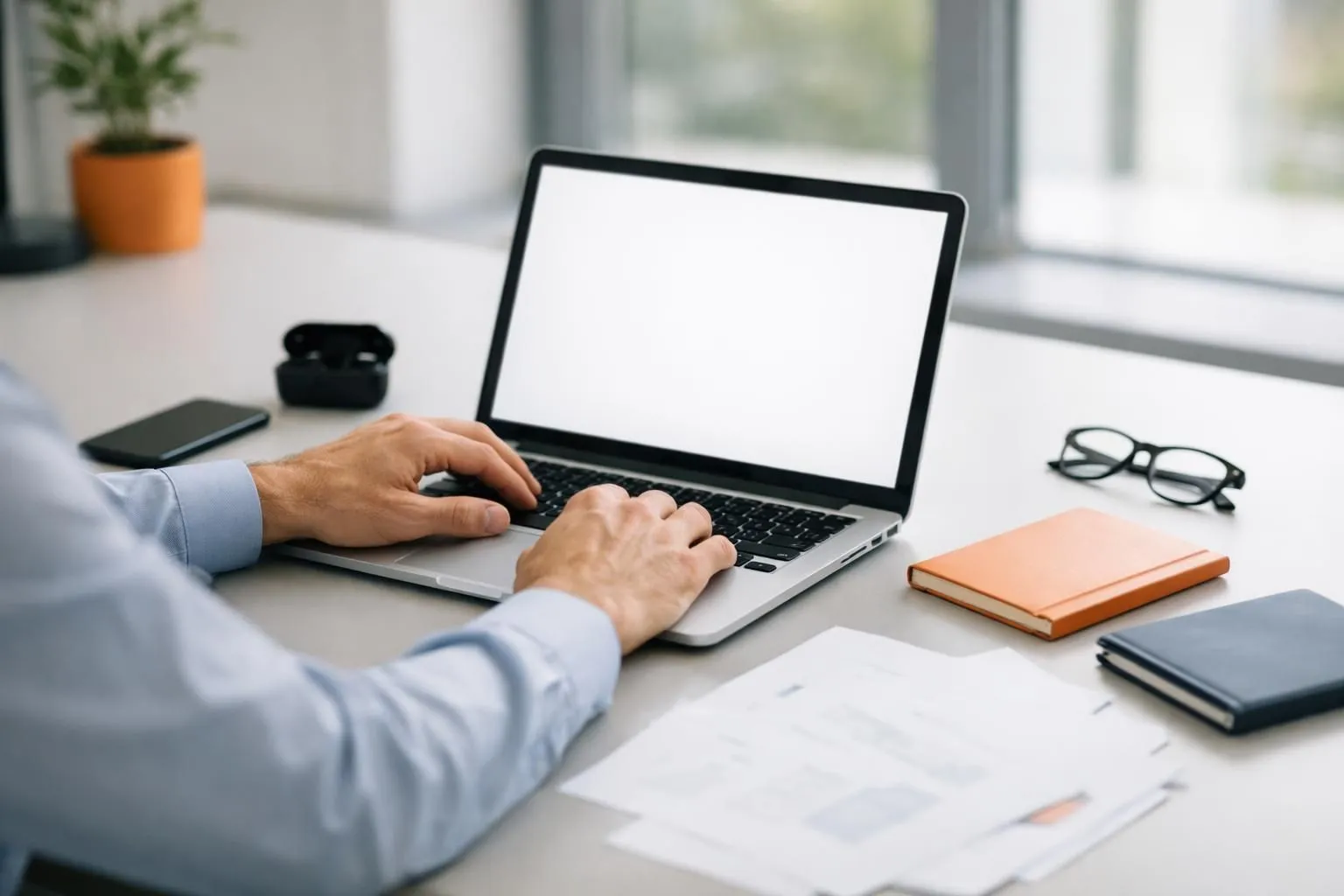 Business executive looking frustrated while reviewing declining analytics dashboard on laptop screen, with scattered SEO service proposal documents on modern desk, natural office lighting highlighting confusion and poor decision-making