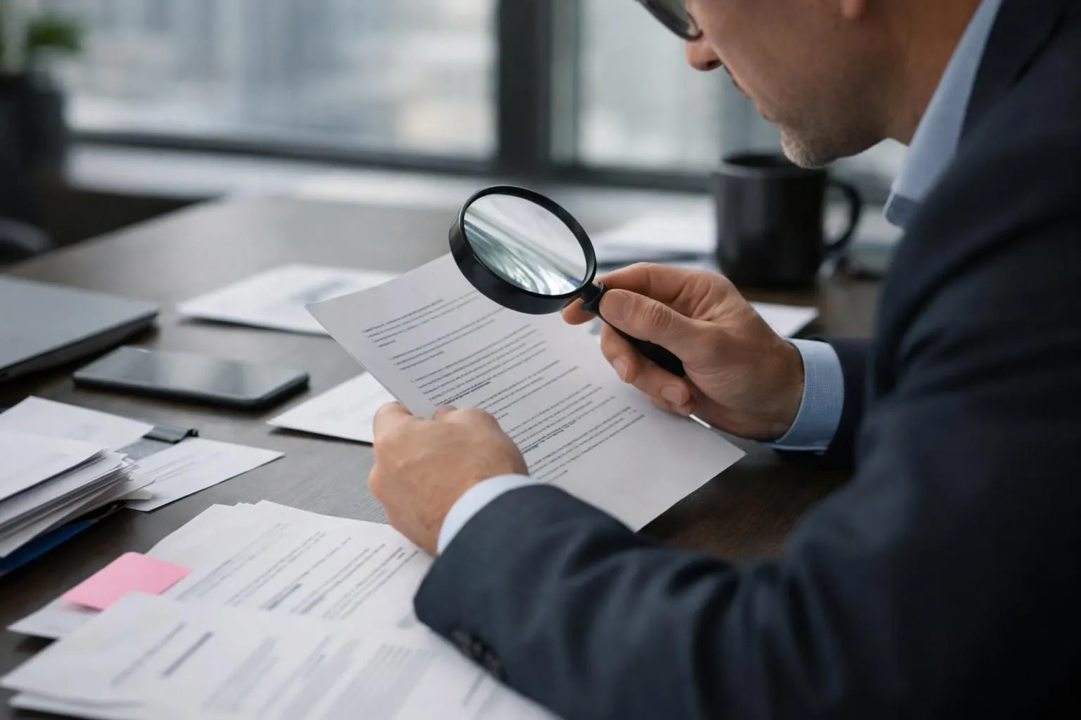 Business professional examining hidden contract fine print with magnifying glass, suspicious expression, multiple SEO agency proposals scattered on desk, modern office with natural lighting, documentary style photography
