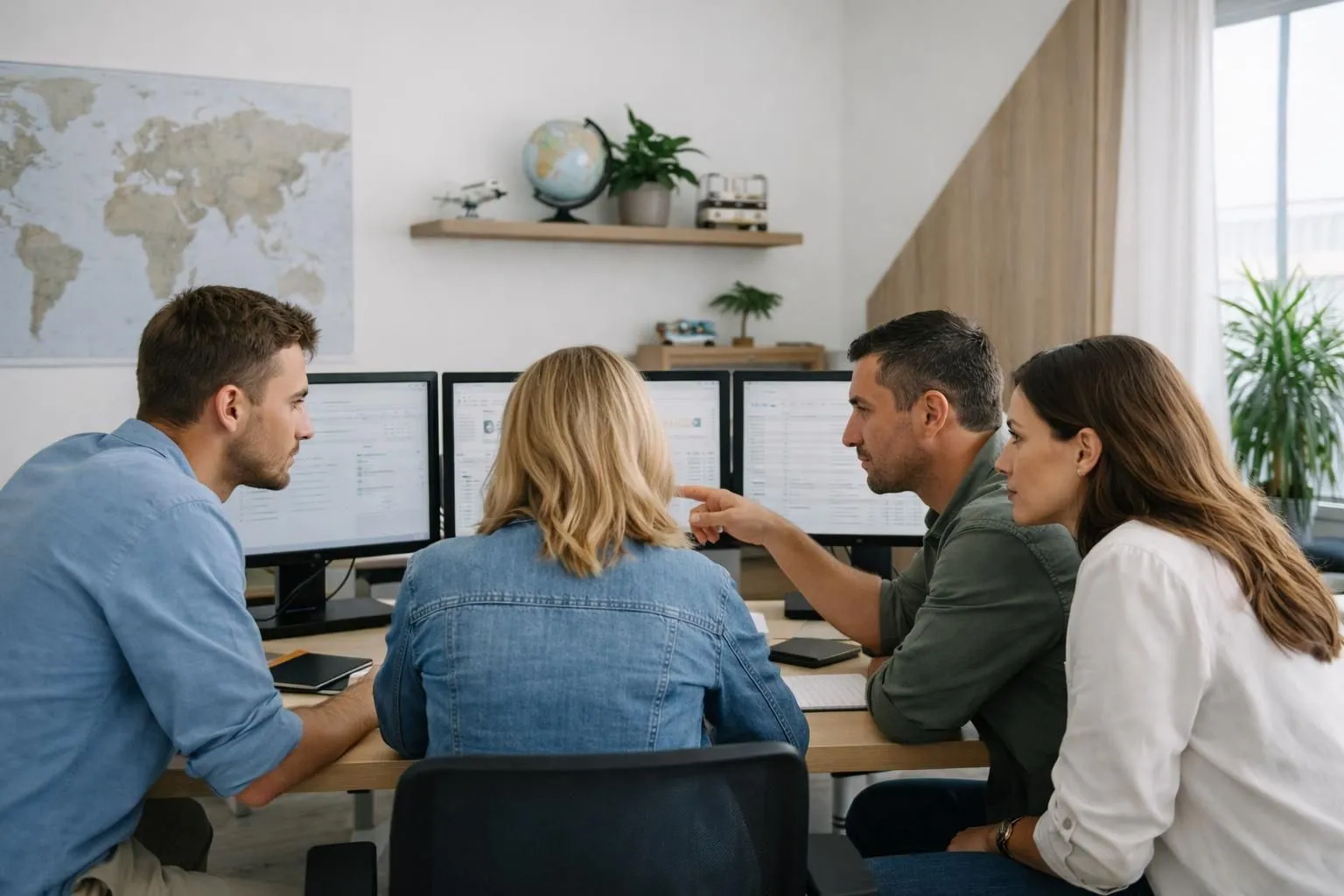 A travel marketing team in a modern office analyzing declining website traffic charts on multiple computer monitors, with concerned expressions as they review booking data and SEO performance metrics, professional business environment with travel posters on walls