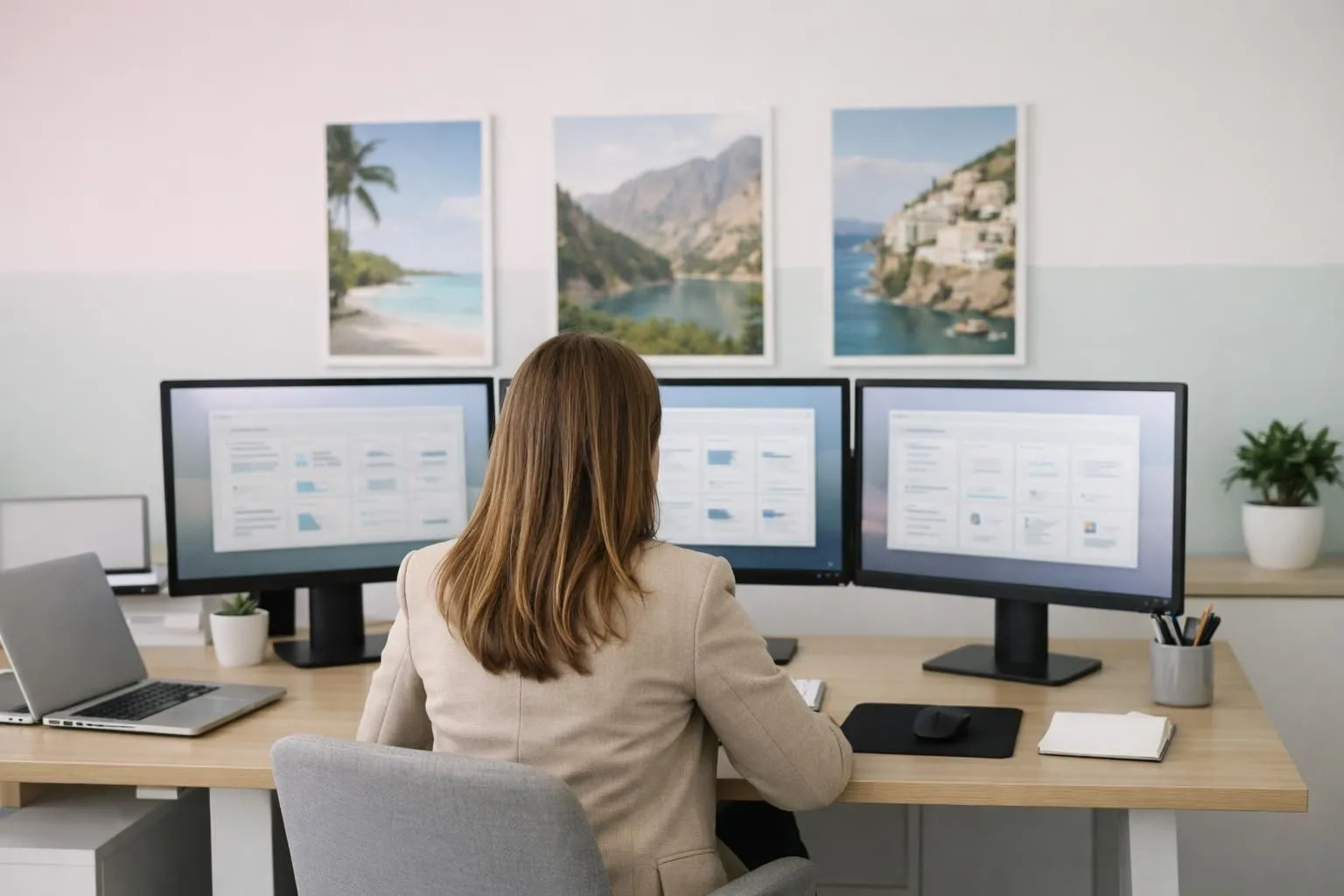A travel marketing professional viewing multiple connected dashboard screens showing automated SEO workflow with content generation, backlink tracking, and keyword research modules integrated seamlessly, modern office setting with travel posters in background