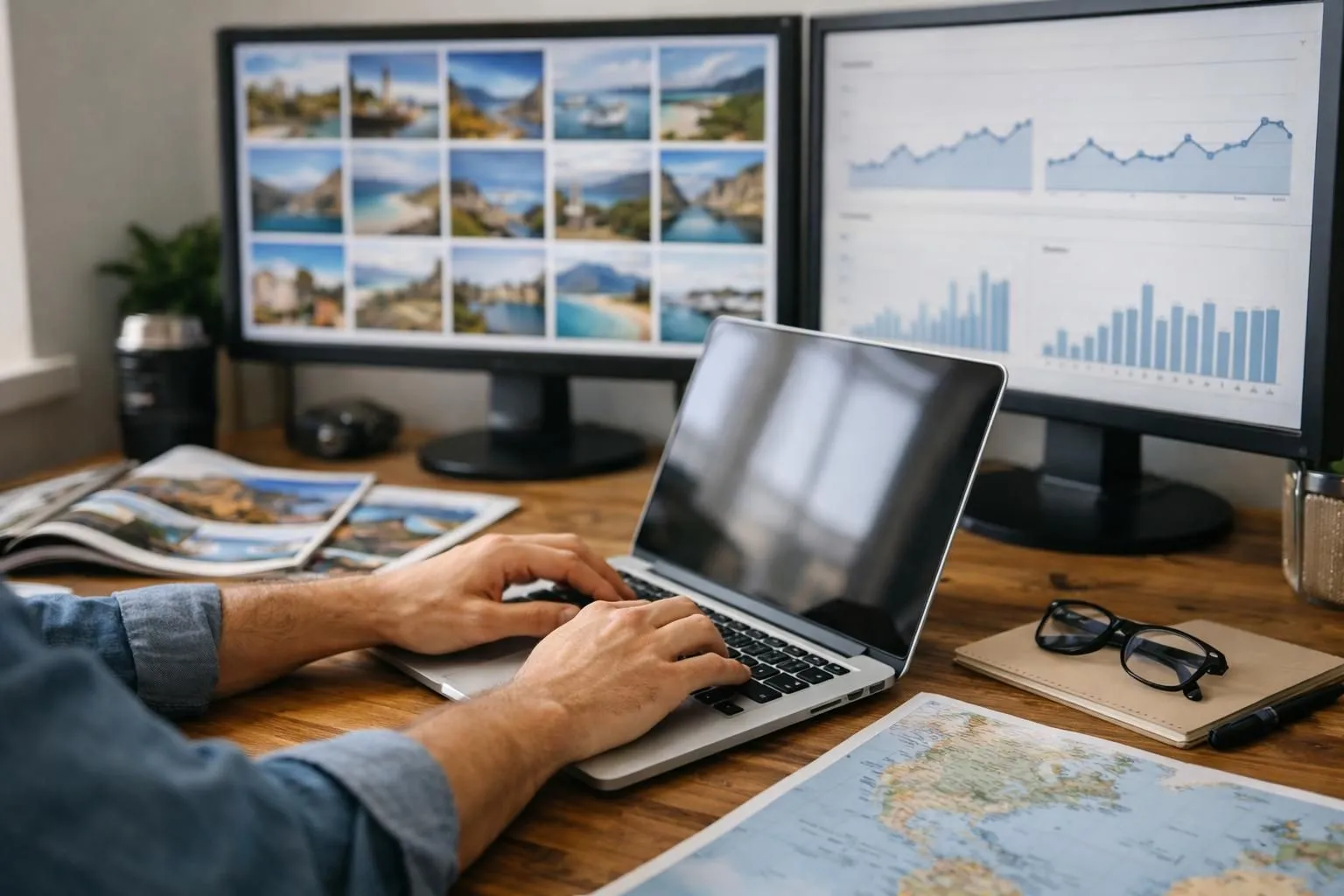 A travel content strategist sitting at a modern desk with a laptop, analyzing destination images and SEO performance dashboards on dual monitors, with travel magazines and a world map visible in the background, professional office setting with natural lighting