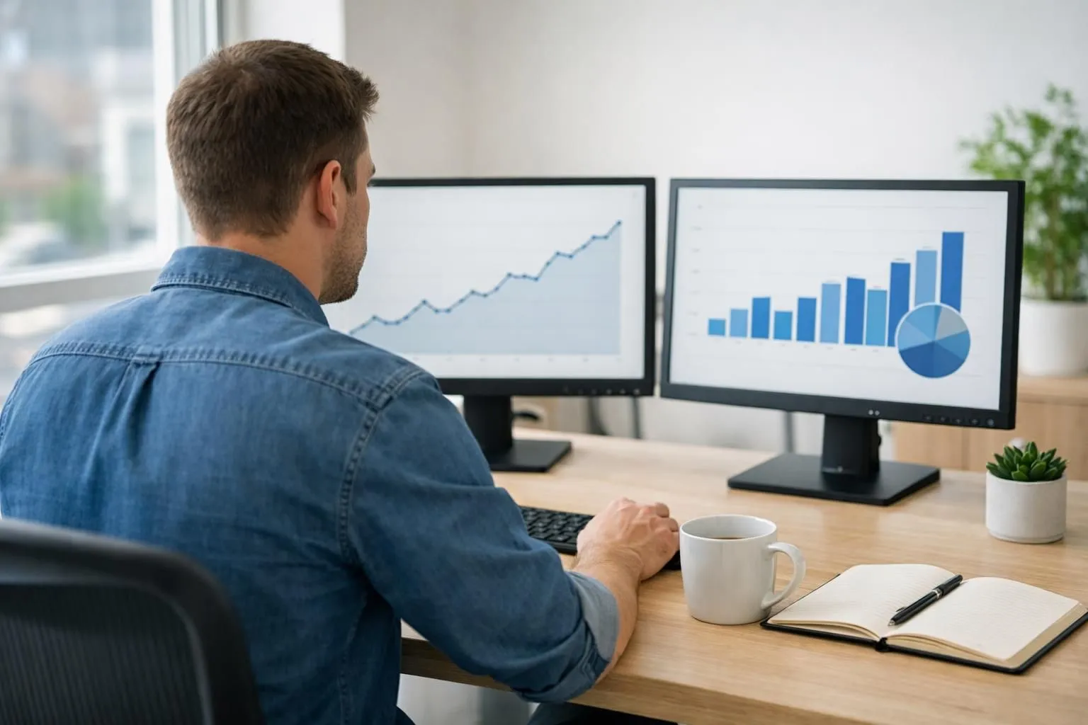 Digital marketer reviewing SEO analytics dashboard on dual monitors in modern office workspace, charts showing organic traffic growth, professional setting with coffee cup and notebook visible, natural lighting from window