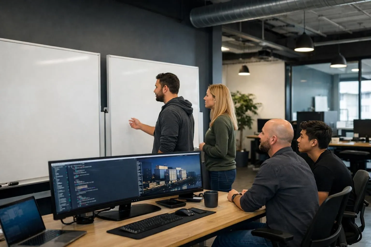 Development team planning content API implementation, developers reviewing architecture diagrams on large monitors, collaborative workspace with whiteboards showing data flow structures, modern tech startup office environment, realistic documentary style photography