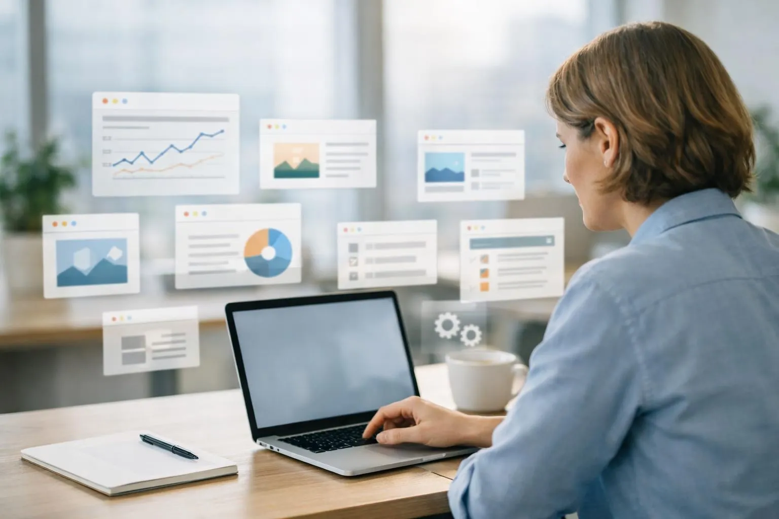 Person analyzing data visualizations on laptop screen.