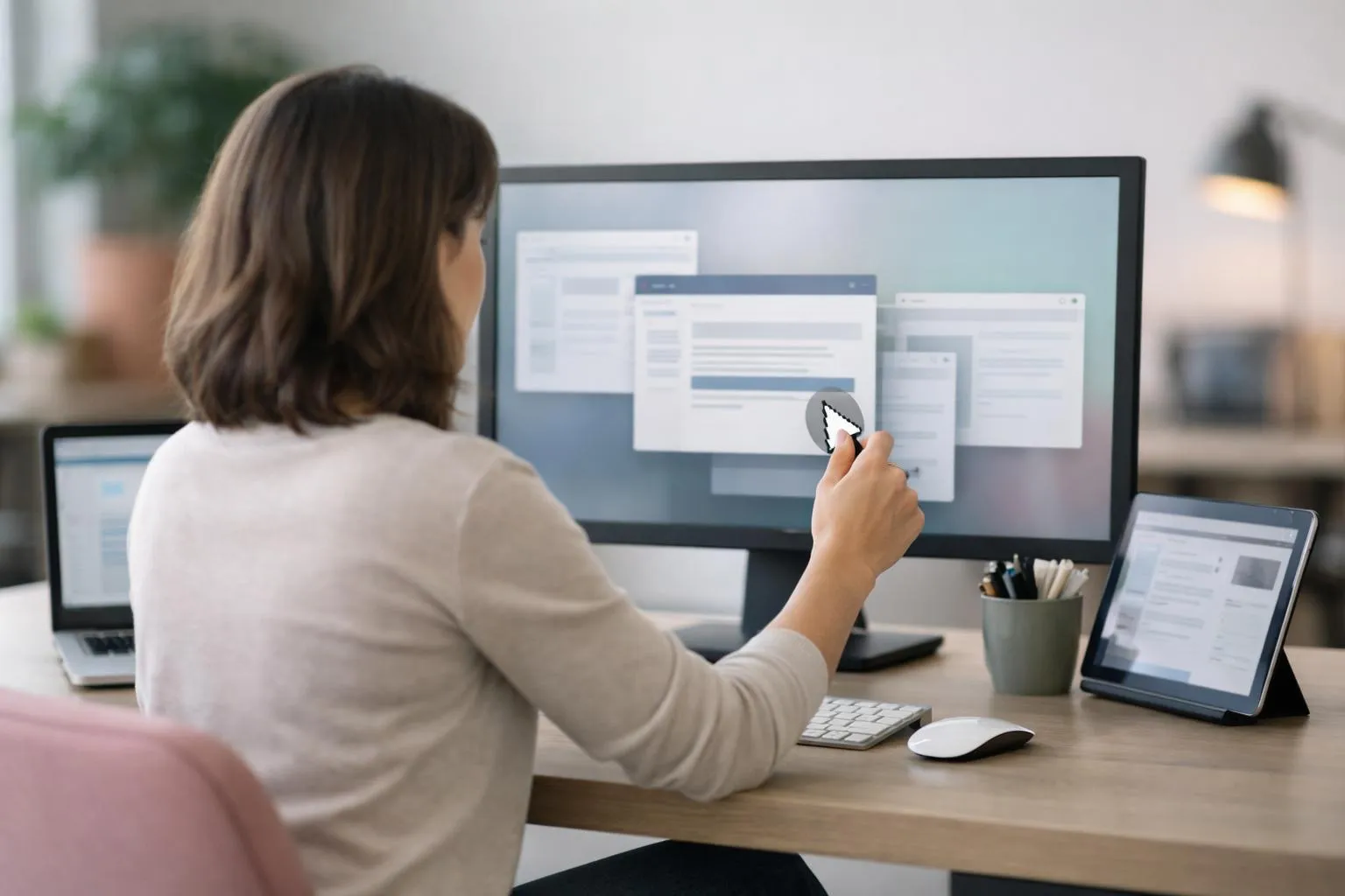 Person working at a computer desk, using a computer monitor and keyboard.