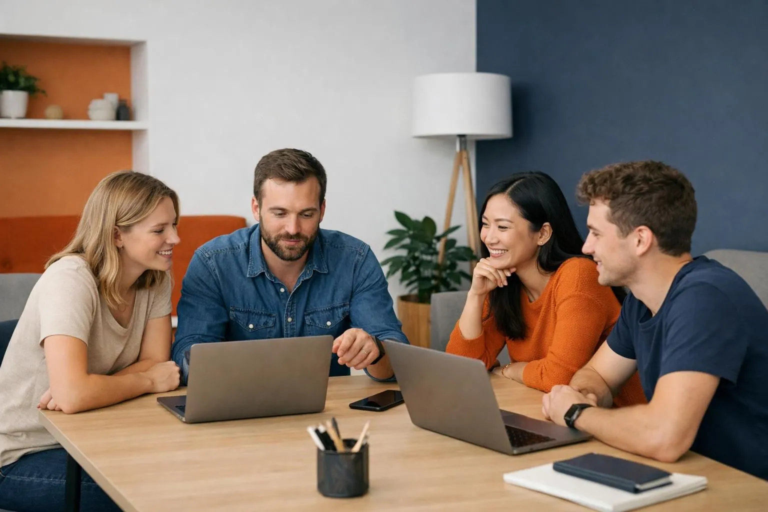 Professional content team reviewing digital quality metrics on laptops with trust badges, verified credentials, and authority signals visible on screens in modern office workspace, no text overlay