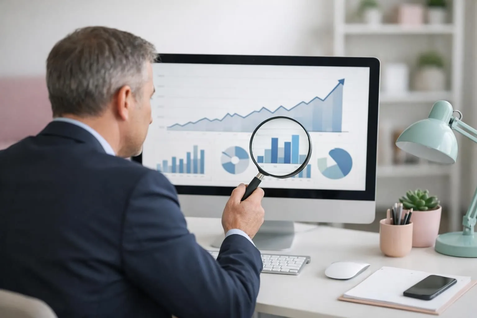 Business professional analyzing detailed analytics dashboard on computer screen showing upward trending graphs for organic search traffic and conversion metrics, with magnifying glass highlighting quality score improvements in modern office setting