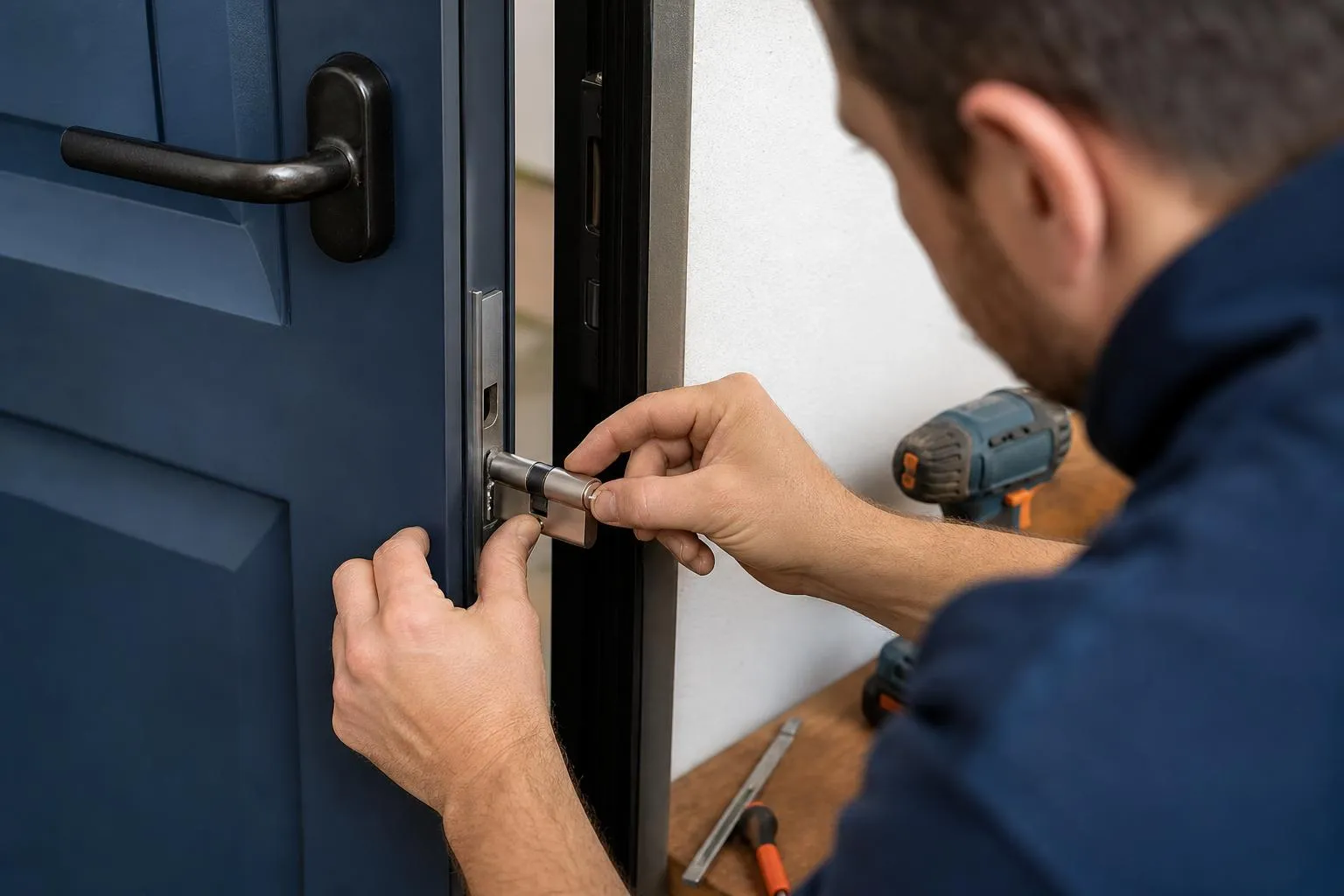 Homme installant une serrure de porte avec un tournevis électrique.