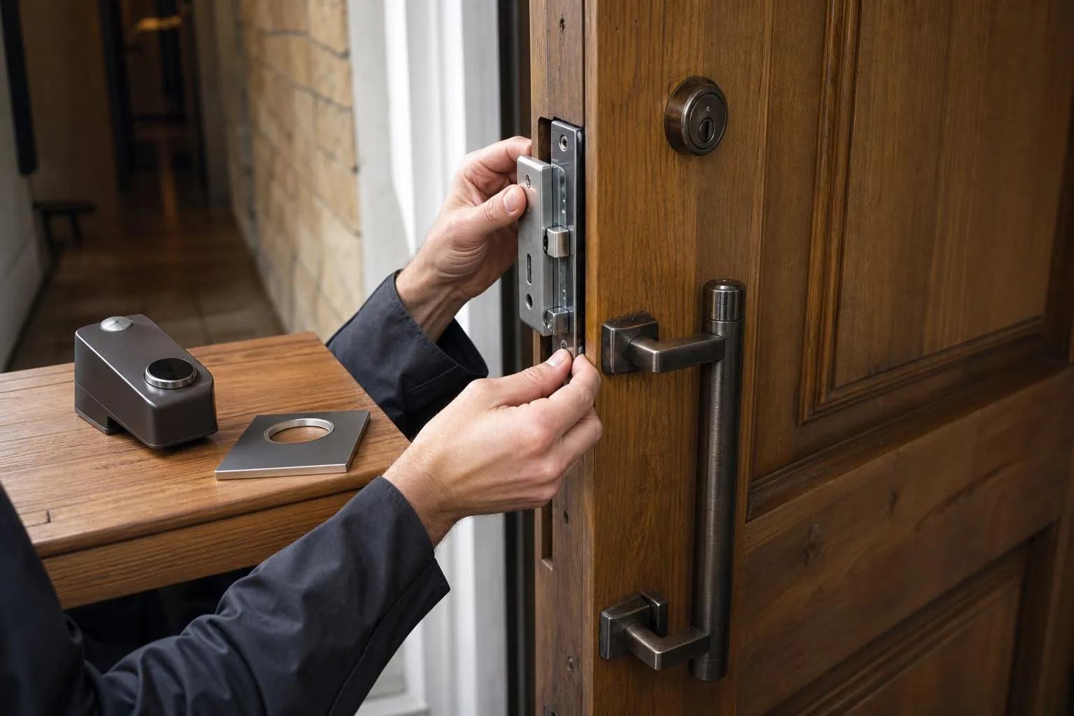 Mains installant un mécanisme de serrure sur une porte en bois.