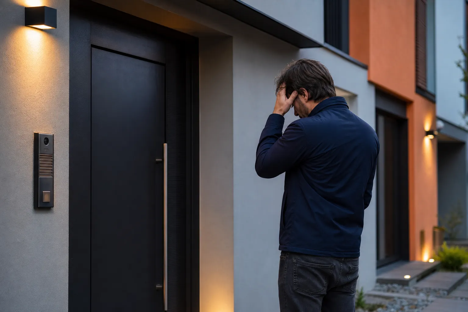 Homme en veste bleue debout devant une porte d'entrée.