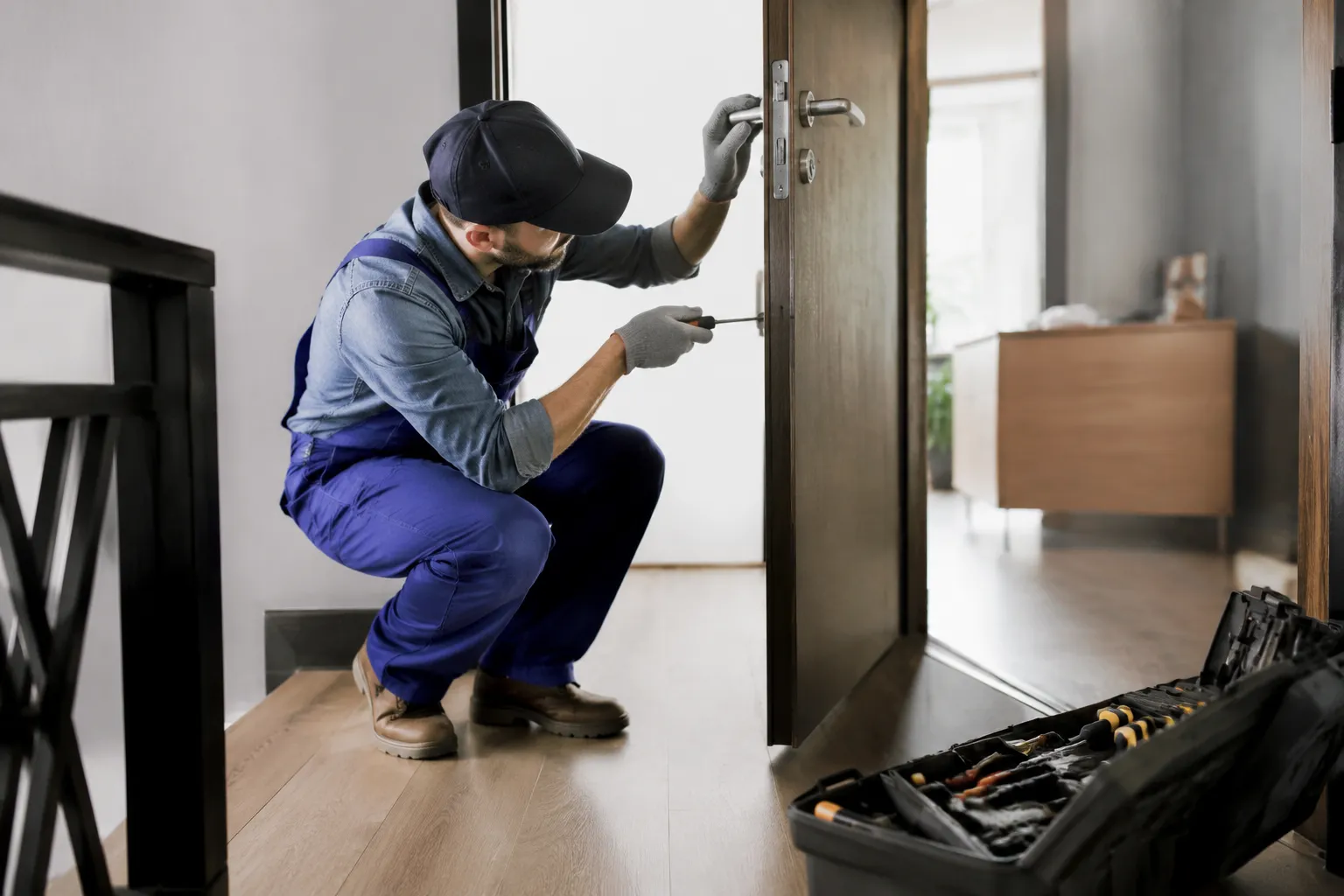Homme en uniforme bleu réparant une porte avec des outils.