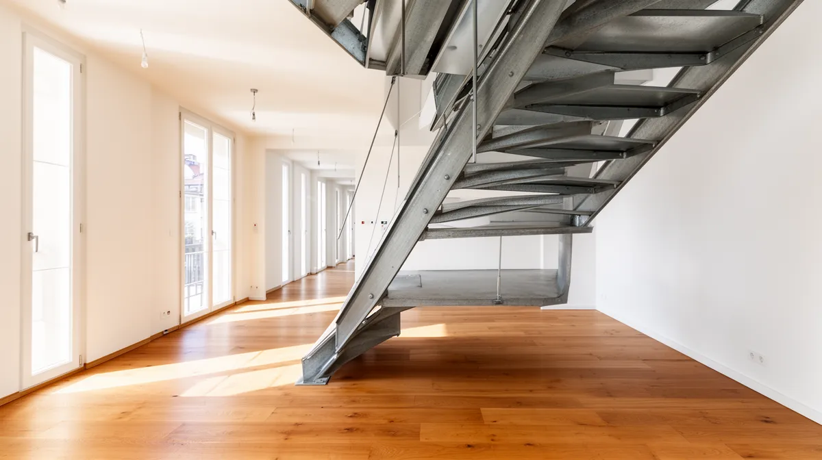 Couloir vide avec escalier métallique et plancher en bois.