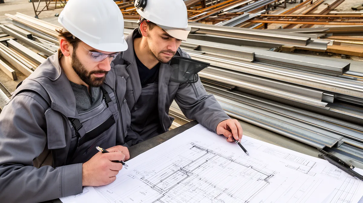 Deux travailleurs du bâtiment examinent attentivement des plans de construction.