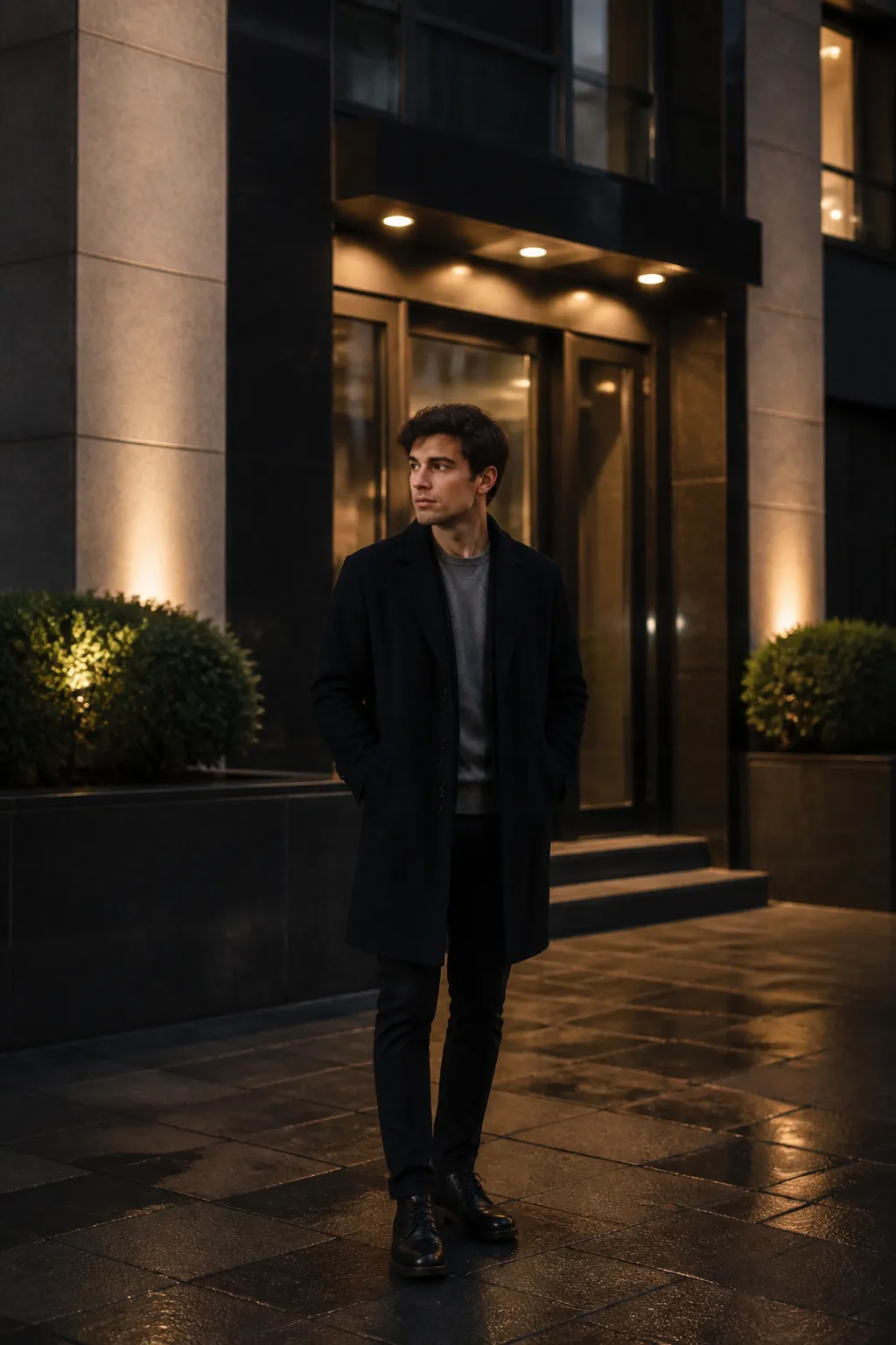 Homme en manteau noir debout devant un bâtiment éclairé la nuit.