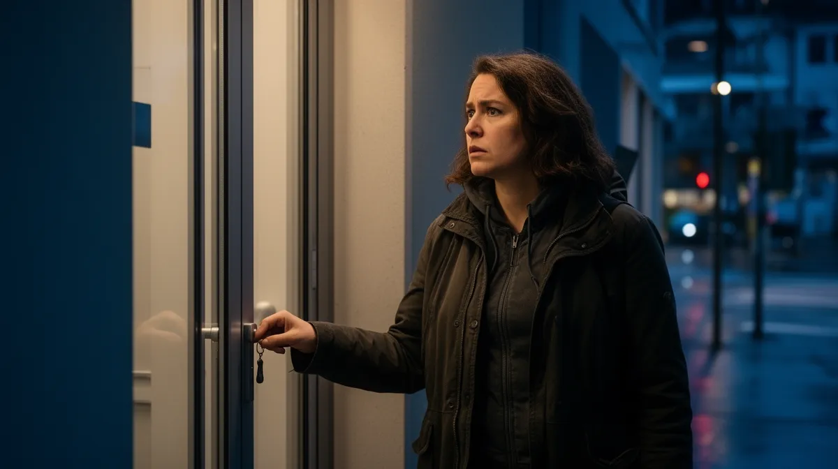Femme sérieuse ouvrant une porte dans un couloir sombre.