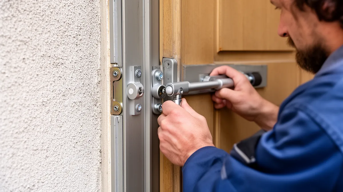 Homme installant une serrure de porte en métal sur un cadre en bois.