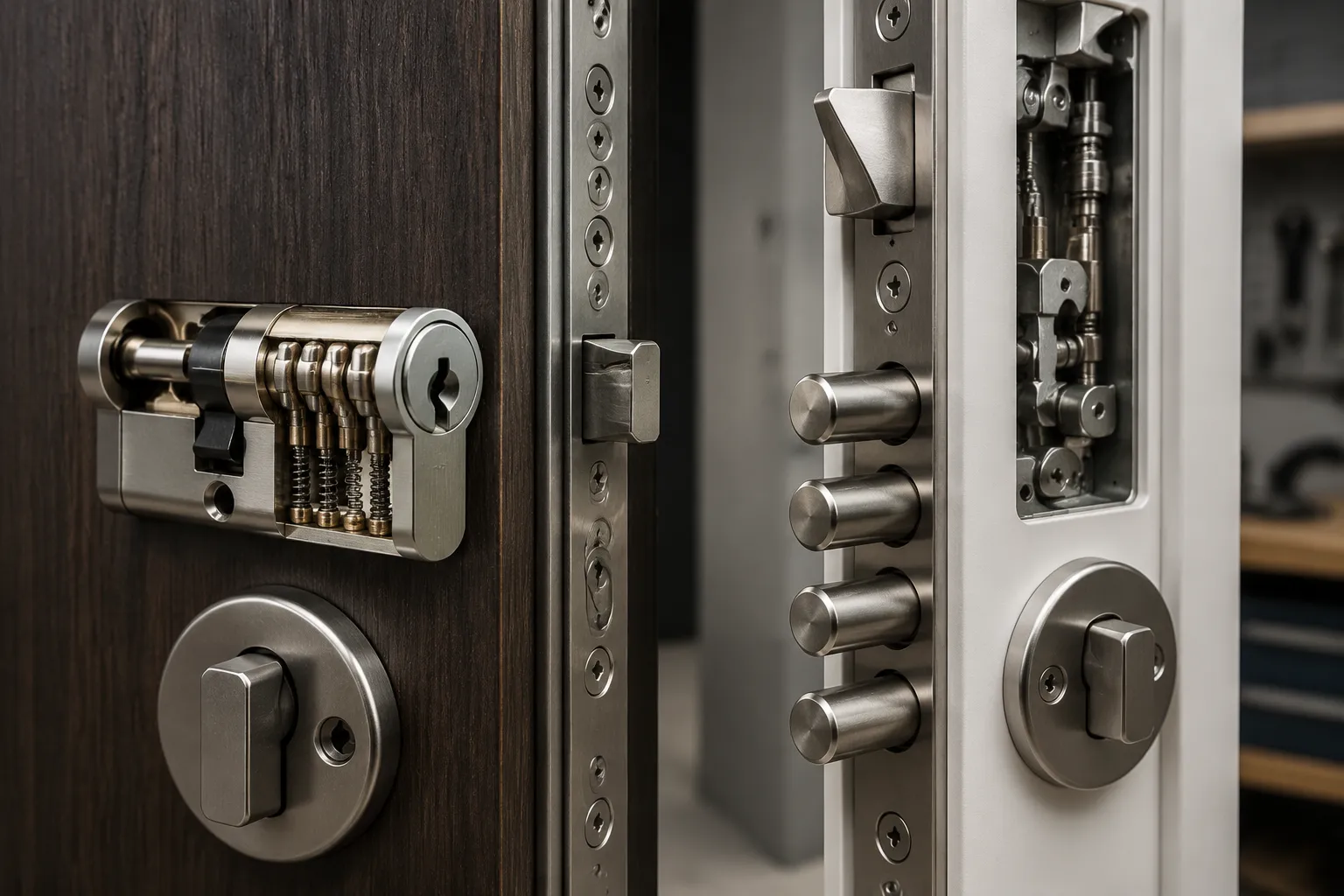 Serrure de porte en métal avec mécanisme complexe.