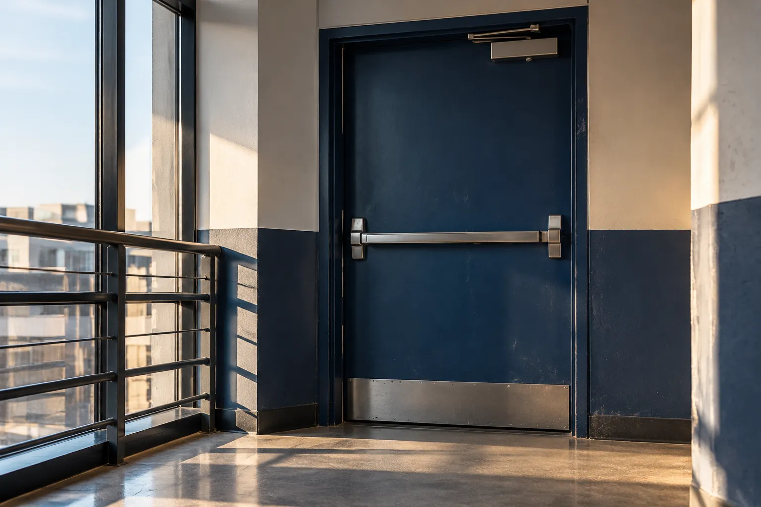 Porte coupe-feu bleu marine avec barre antipanique, couloir lumineux.