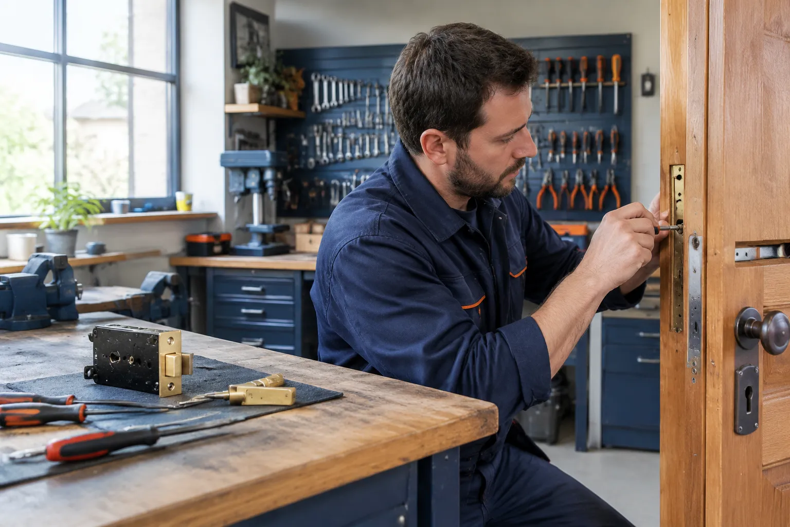 Serrurier réparant la serrure d’une porte en atelier.