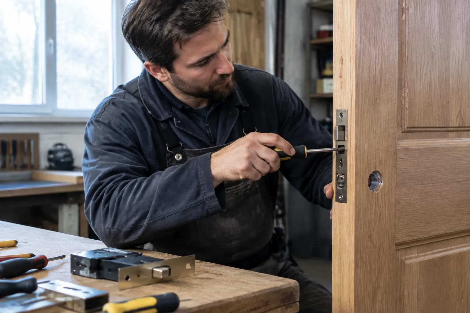 Serrurier installant une serrure sur une porte en bois