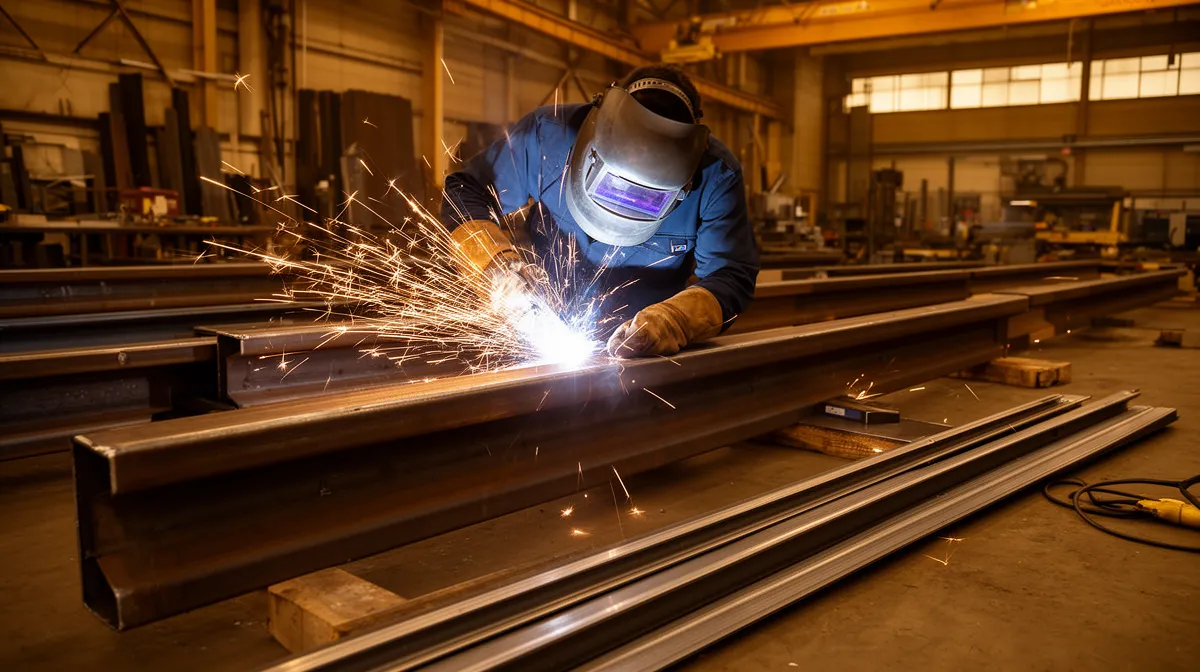 Soudeur travaillant sur des pièces métalliques dans un atelier industriel.