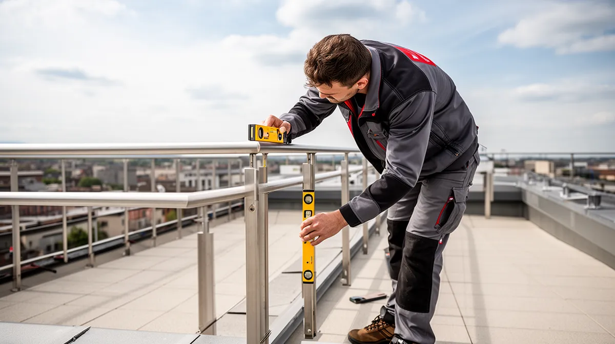 Homme en tenue de travail vérifiant le niveau d'un outil sur un balcon.