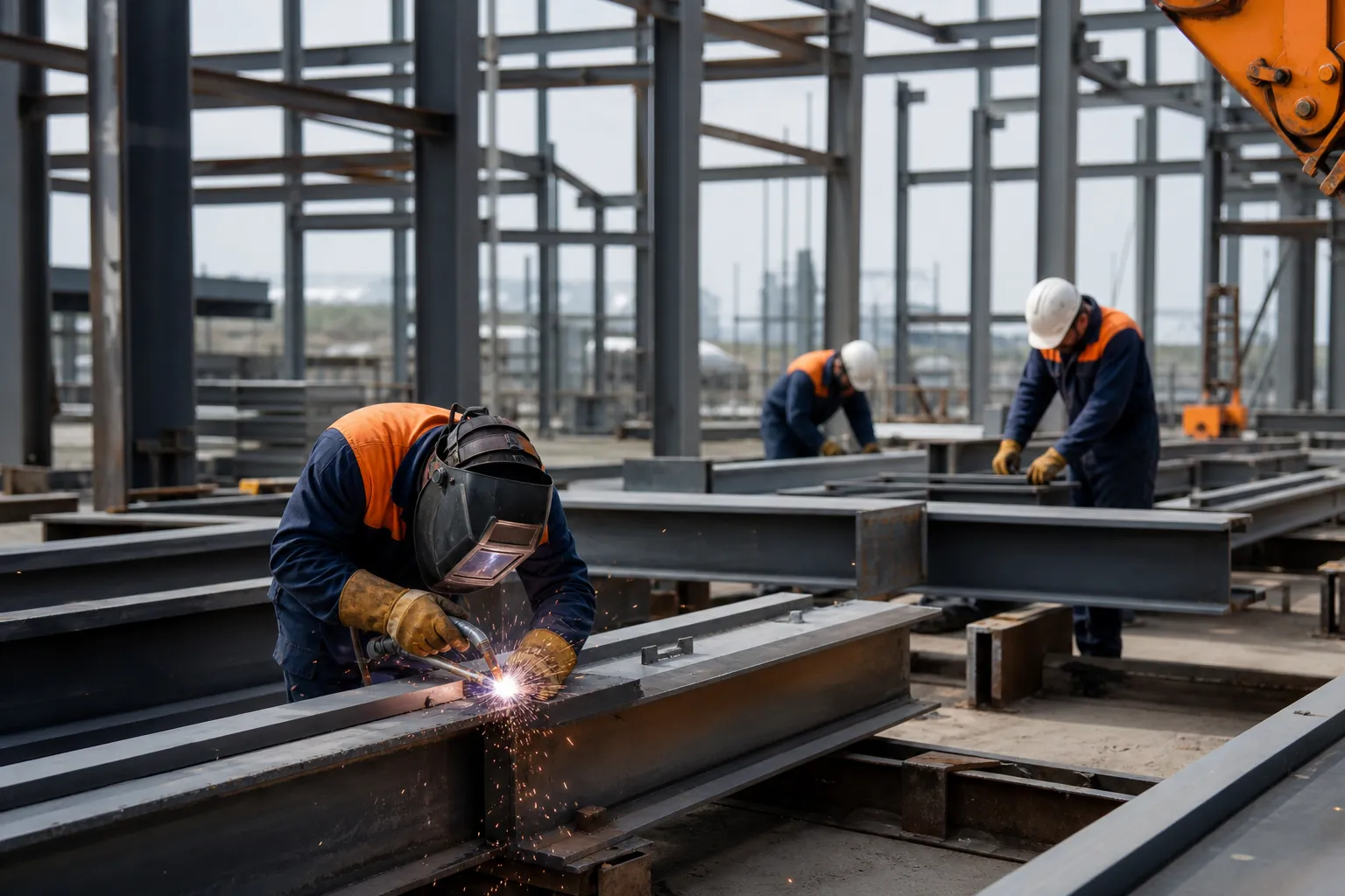 Ouvriers en uniforme soudant des structures métalliques dans un atelier industriel.