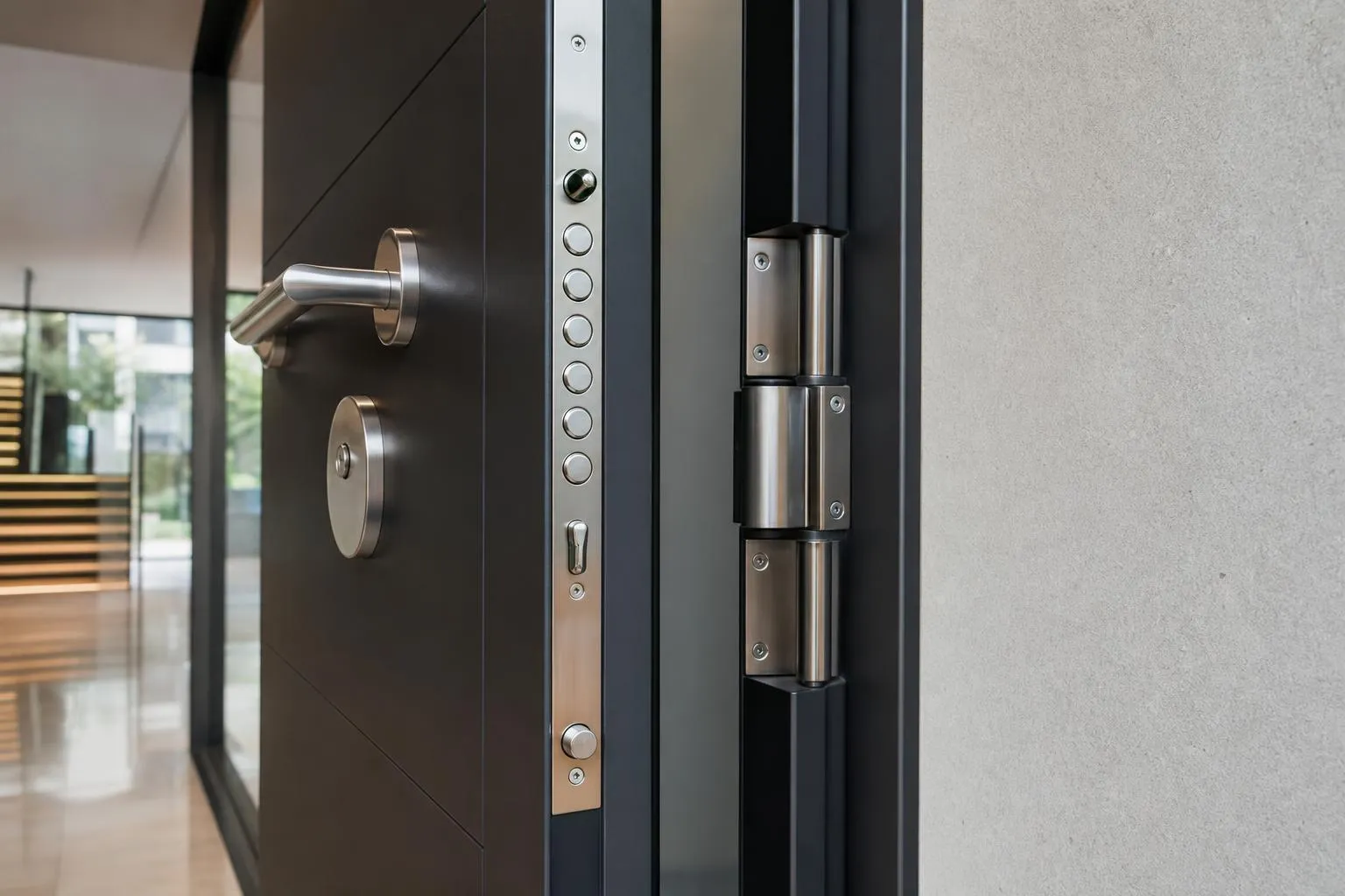 Porte d'entrée moderne en métal avec charnières et serrure.