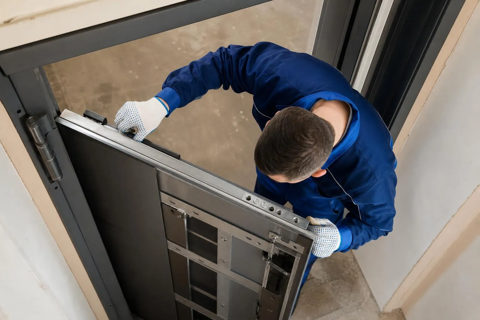 Technicien en uniforme bleu installant un appareil électronique.