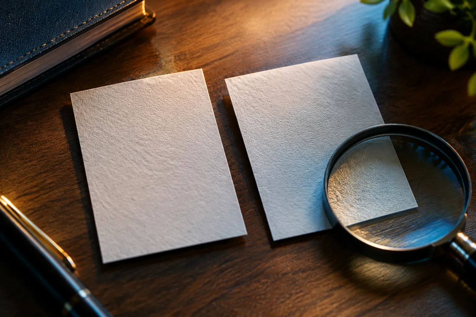 Deux feuilles vierges, loupe et carnet sur bureau en bois