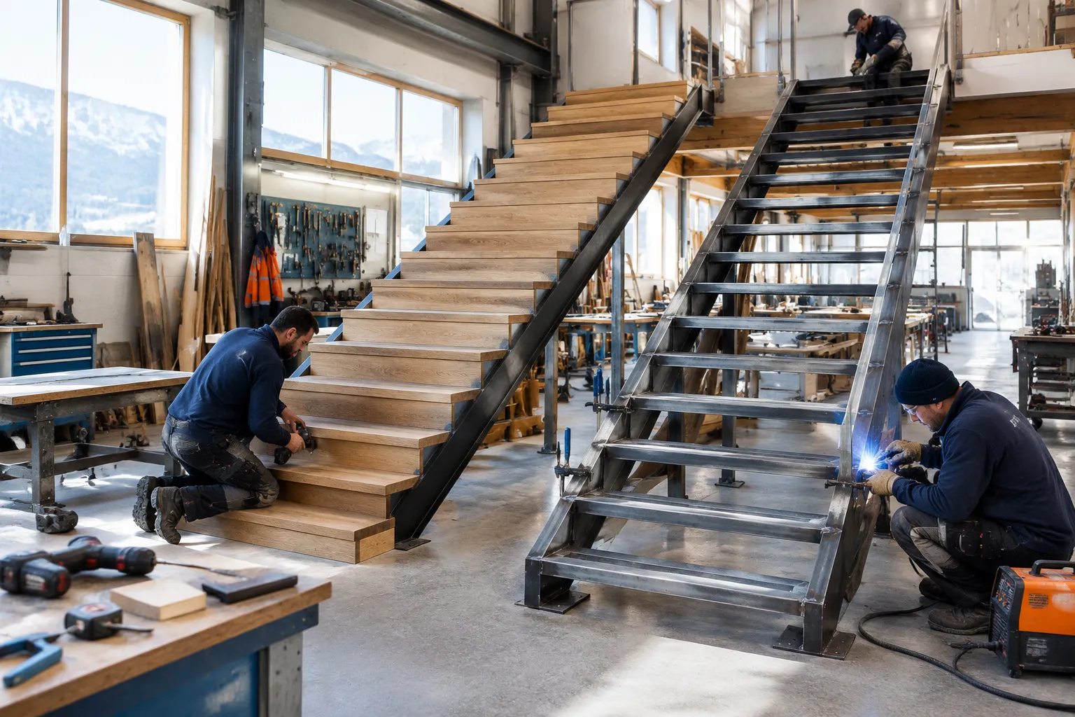 Artisans fabriquant un escalier bois et métal en atelier