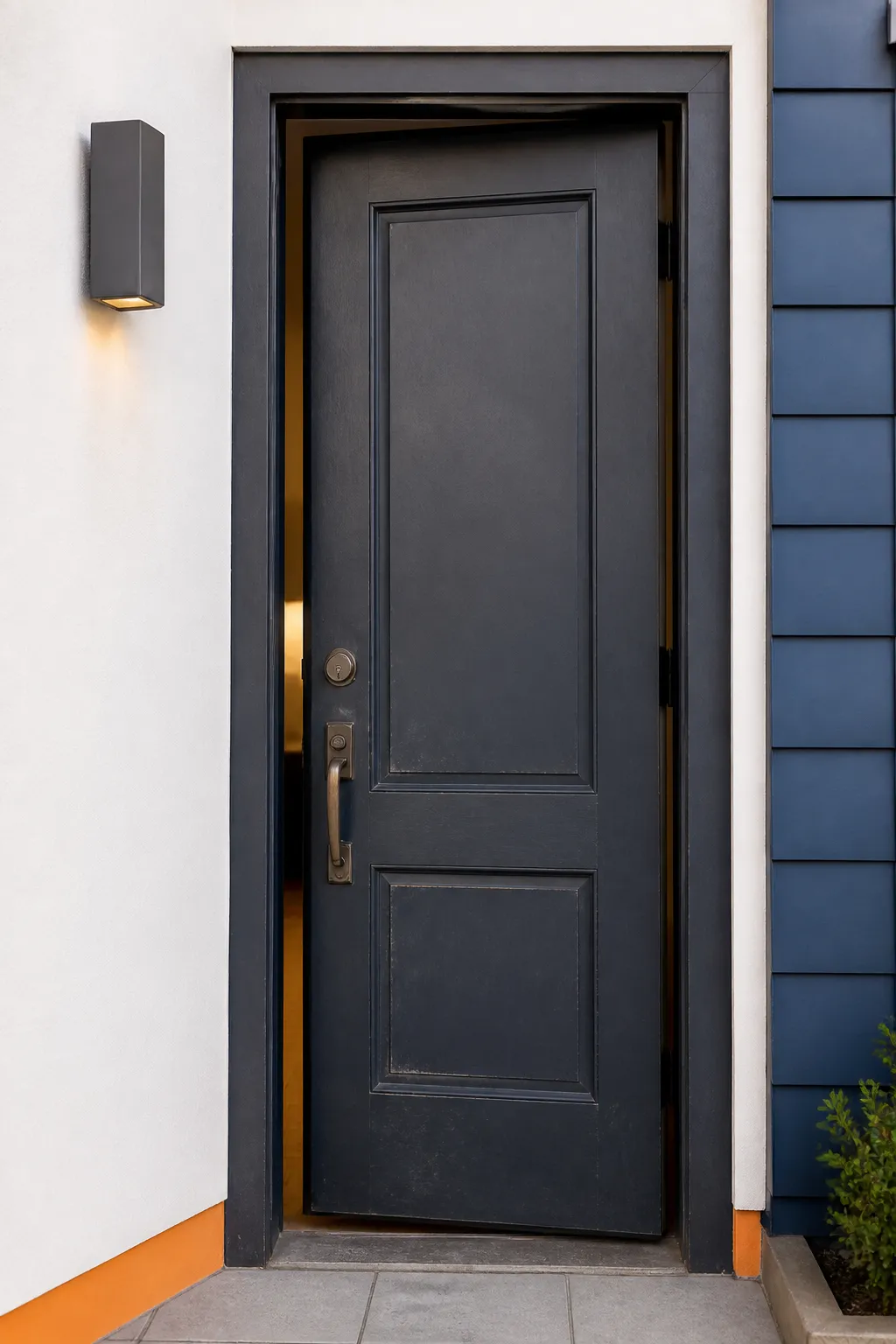 Porte d'entrée noire élégante avec éclairage extérieur.