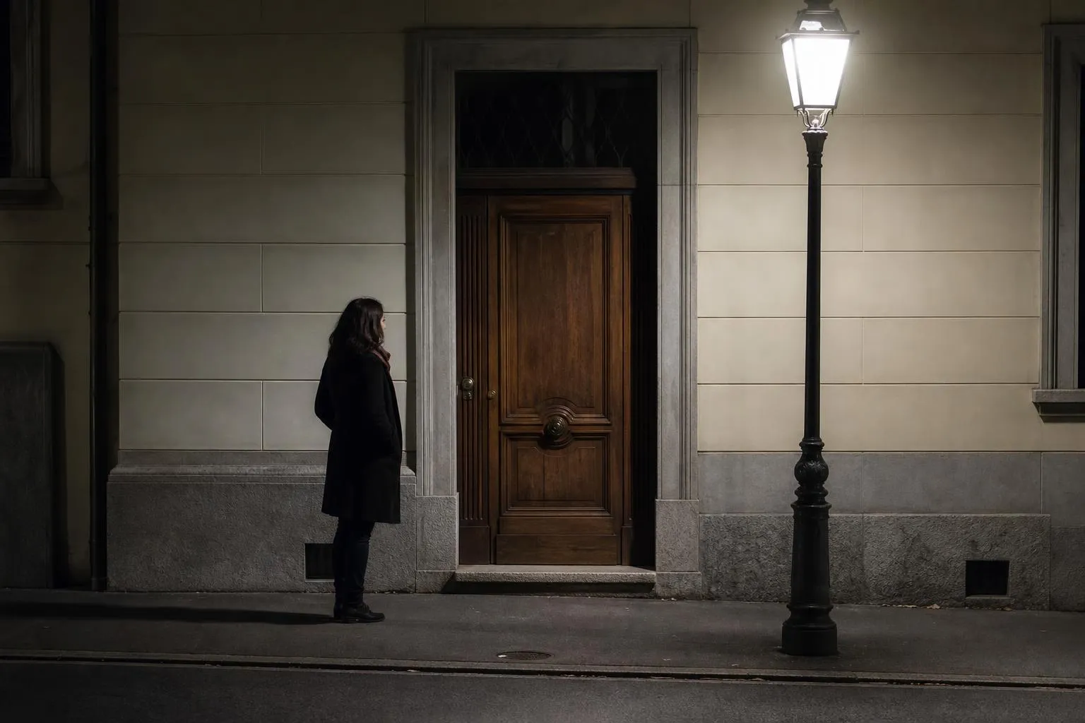 Femme solitaire devant une porte en bois sombre.