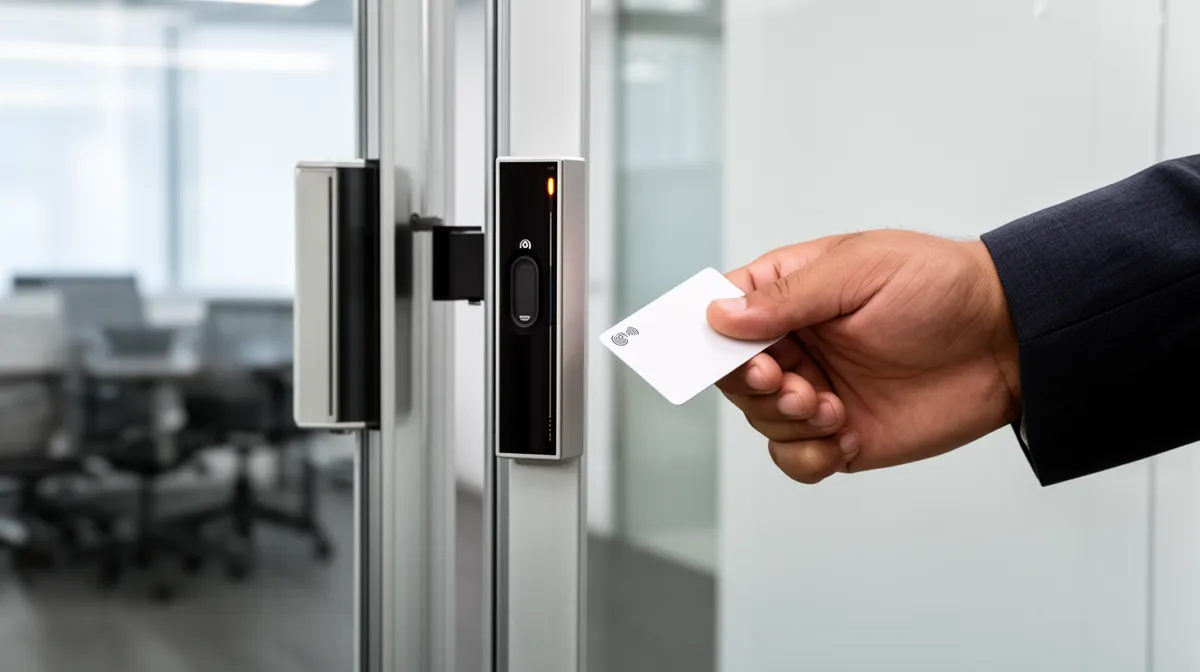 Homme en costume utilisant une carte d'accès pour ouvrir une porte.