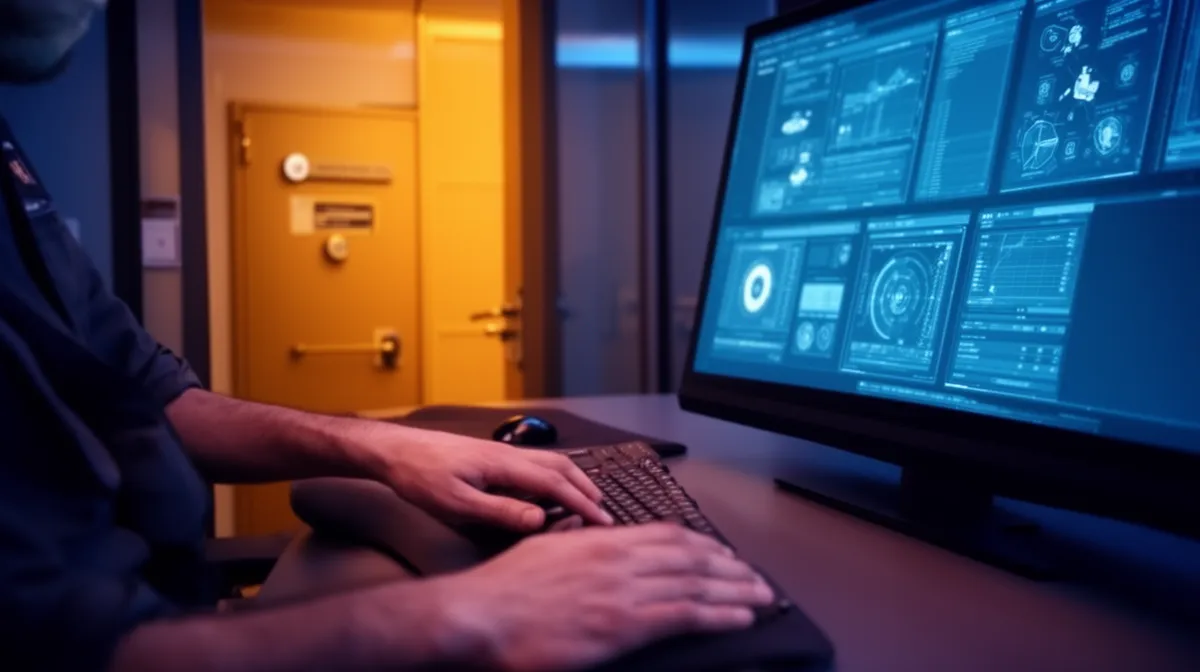 Ordinateur avec écran affichant des données techniques, mains tapant sur un clavier.