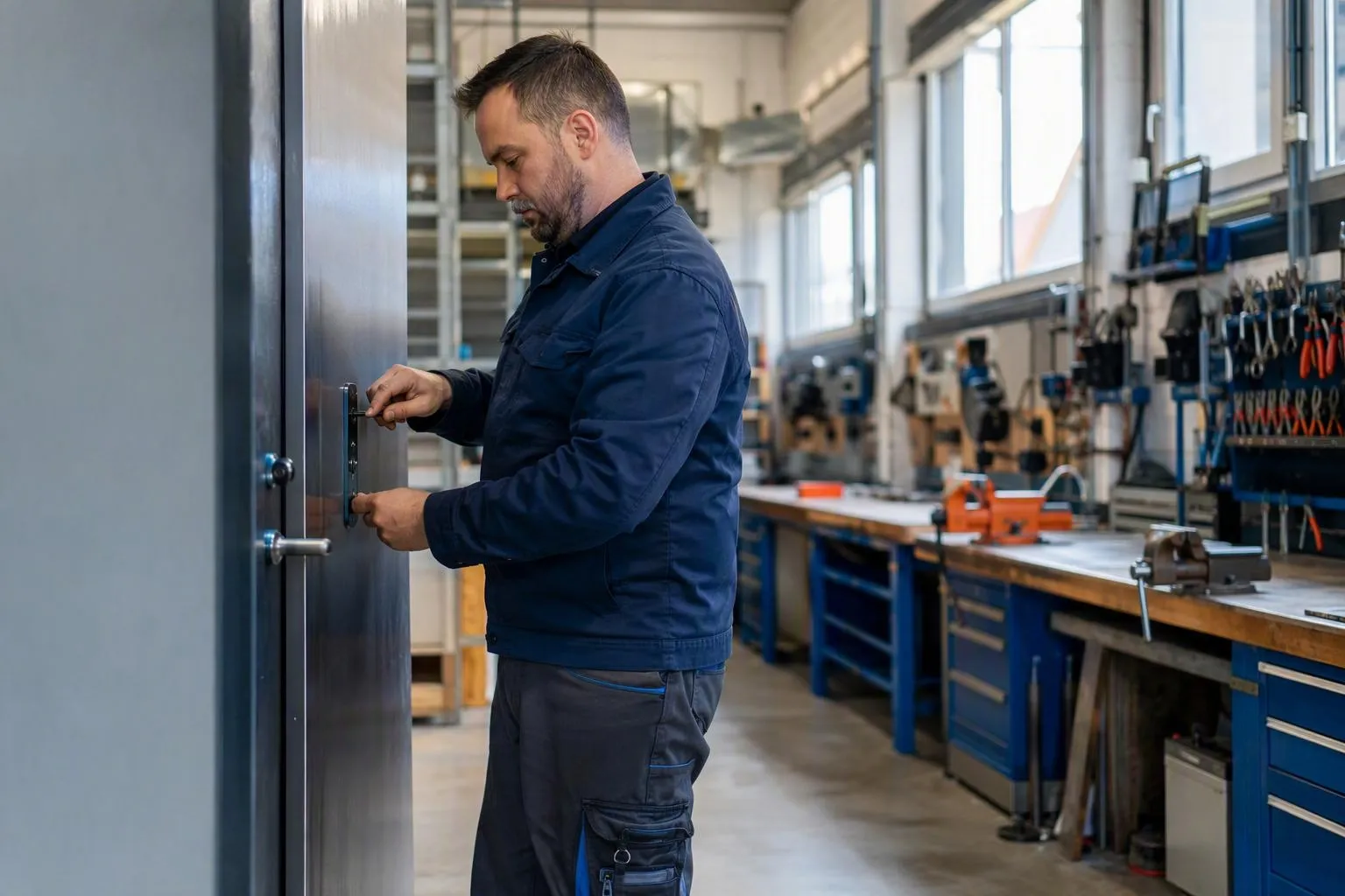 Technicien en uniforme réparant la serrure d’une porte d’atelier