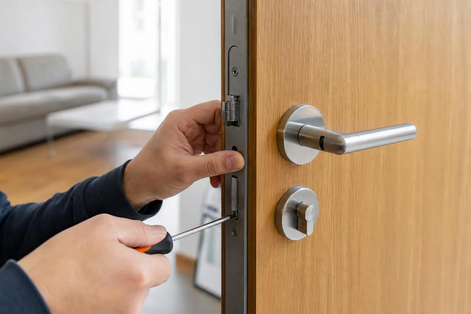 Personne réparant une serrure de porte avec un tournevis