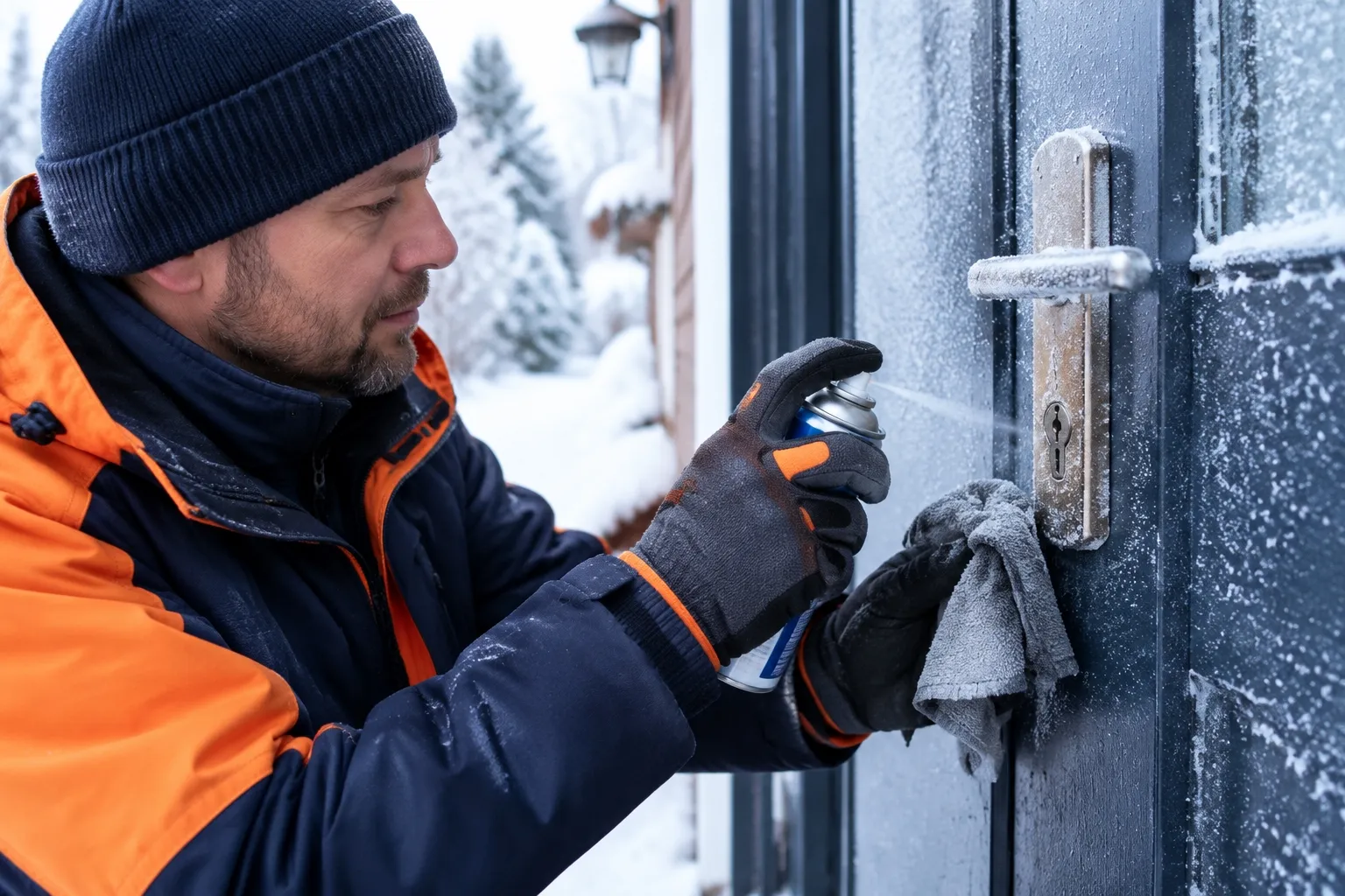 Homme dégivre une serrure extérieure avec aérosol en hiver enneigé