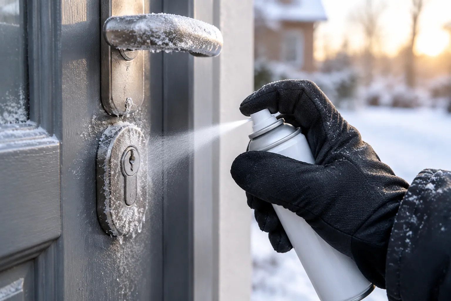 Main gantée pulvérisant du dégivrant sur serrure gelée