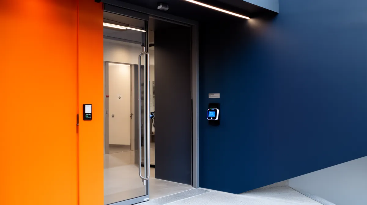 Couleurs vives, portes automatiques, contrôle d'accès électronique.
