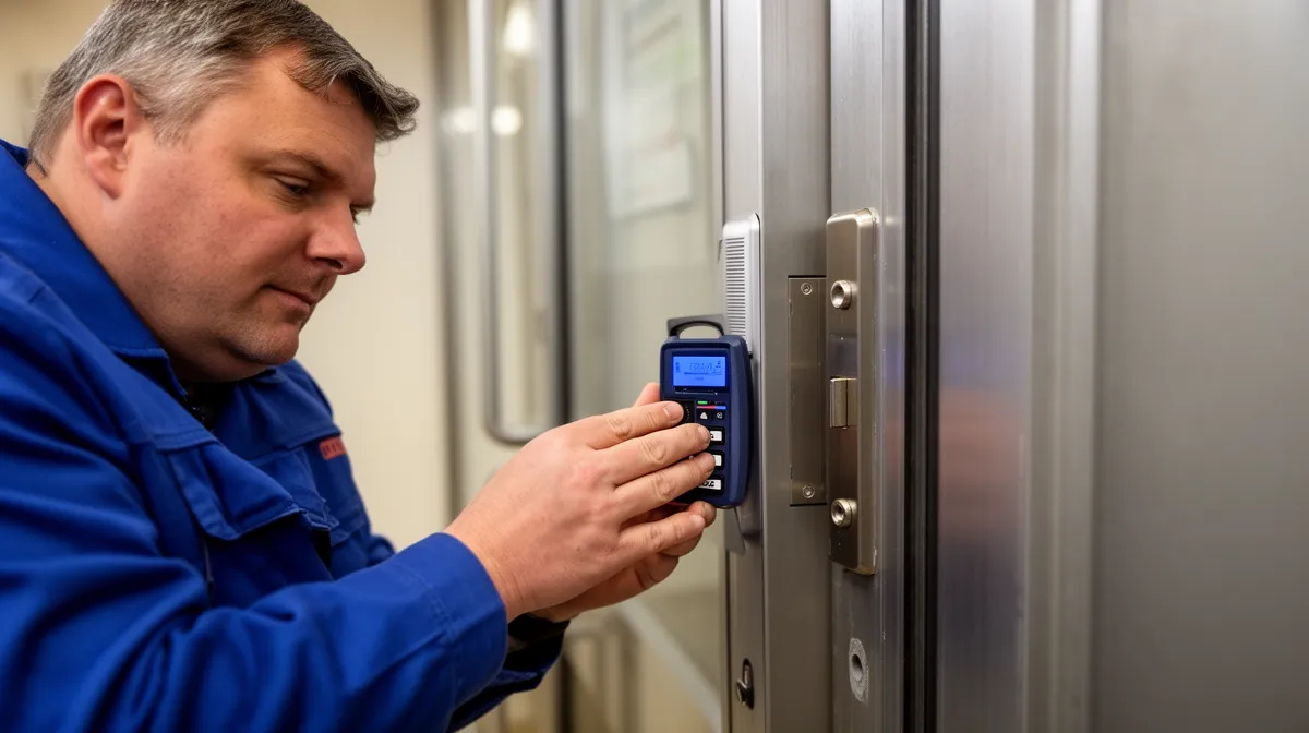 Technicien en uniforme bleu vérifiant la serrure électronique d'une porte.