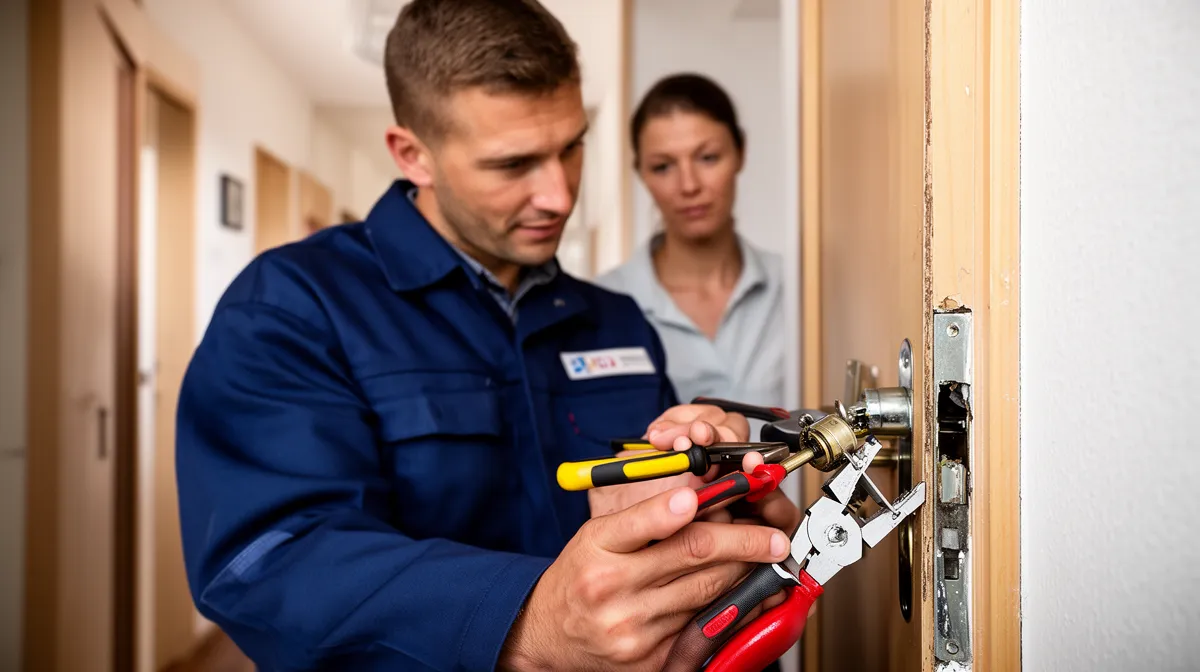 Homme en uniforme bleu réparant une serrure de porte avec des outils.