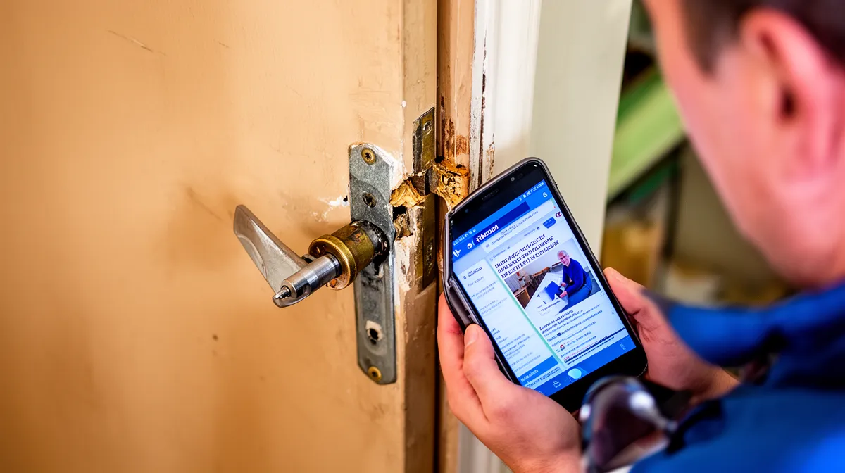 Homme réparant une porte avec un smartphone à la main.