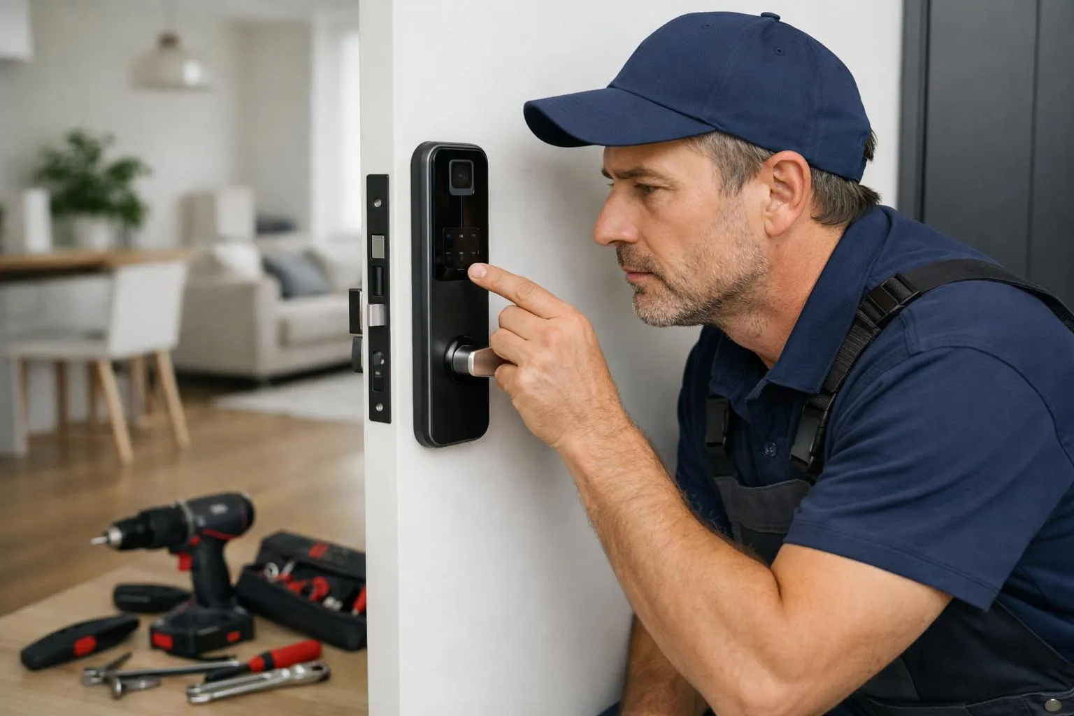 Homme en uniforme installant un système de sécurité dans une maison.