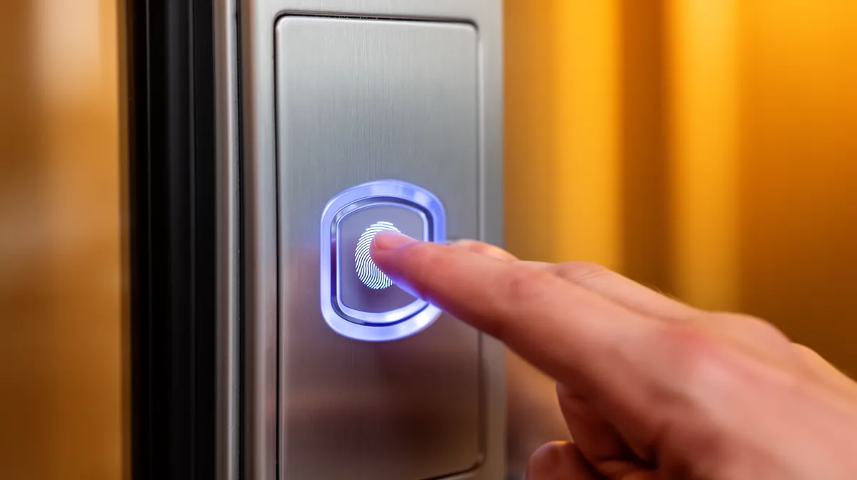 Doigt appuyant sur un capteur d'empreinte digitale sur un boîtier métallique.