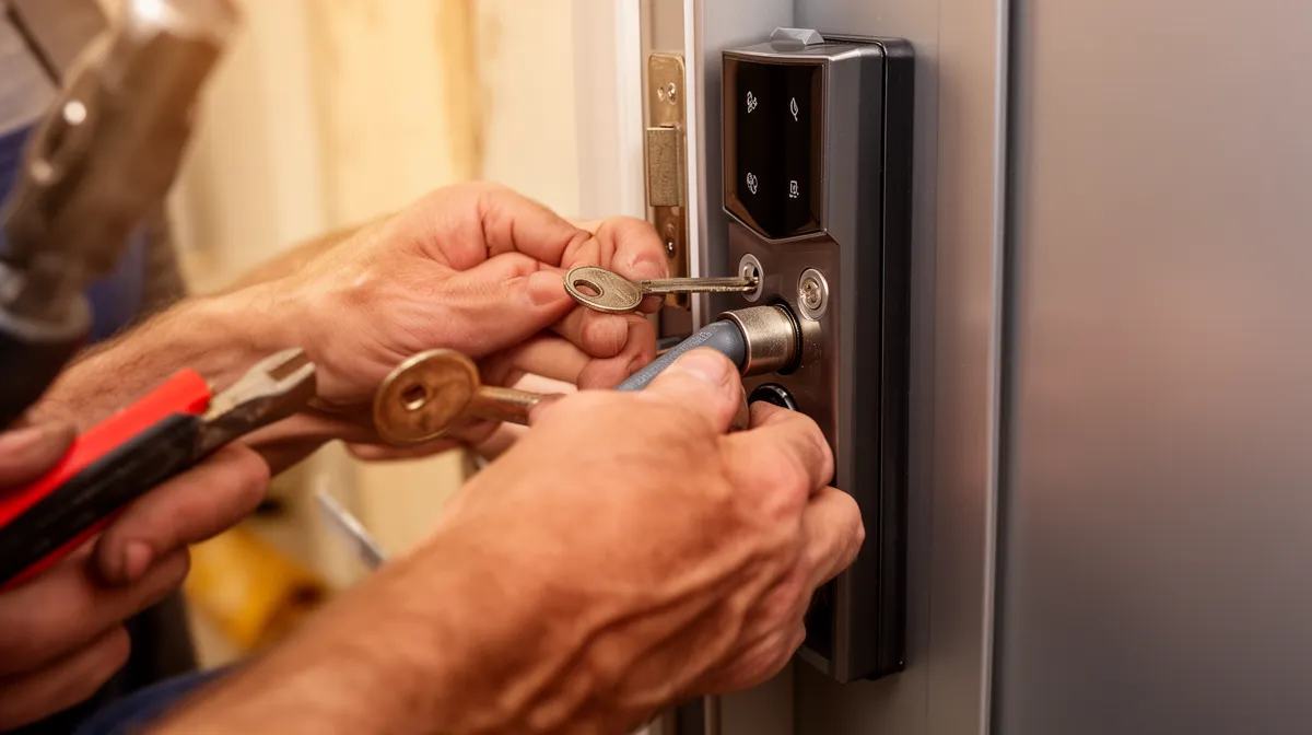 Mains d'un serrurier installant une serrure de porte.