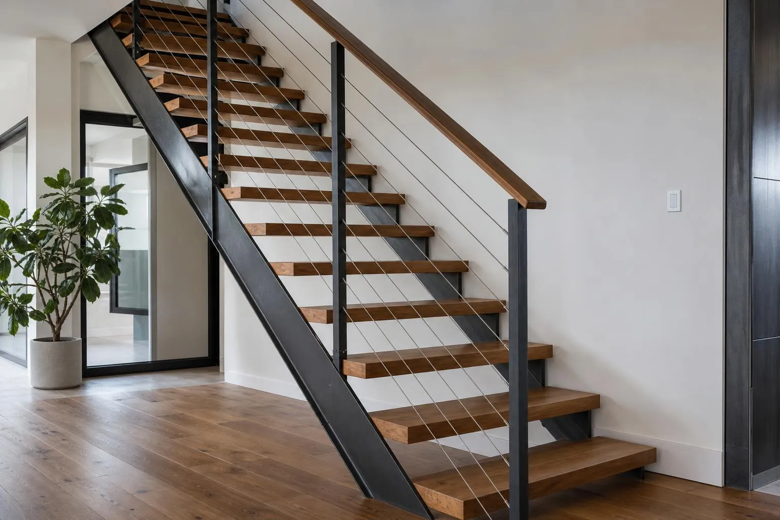 Escalier en bois et métal avec câbles de sécurité.
